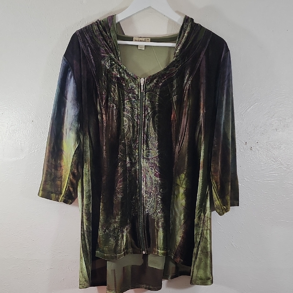 One World Velour Paisley Print Zip-Up Hoodie Size 3X